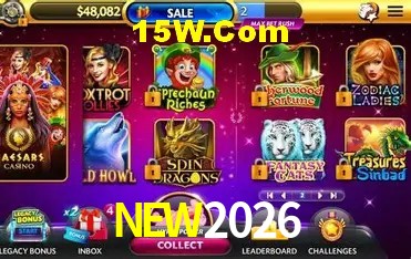 Tela de boas-vindas e lobby de jogos do aplicativo NEW2026